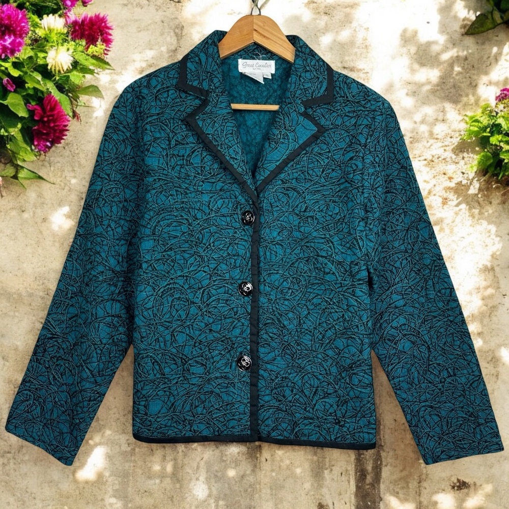 Vintage 80s Textured Yarn Button Up Notch Collar Art To Wear Blazer Jacket Blue